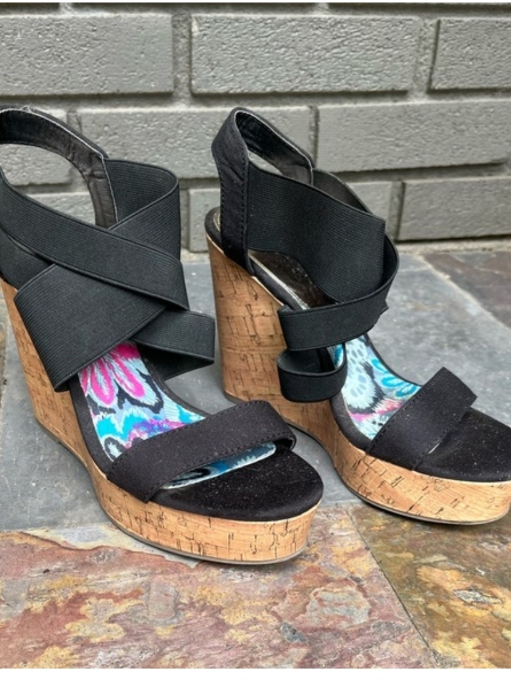 Steve Madden Black Cork Wedge Sandals with Crisscross Straps